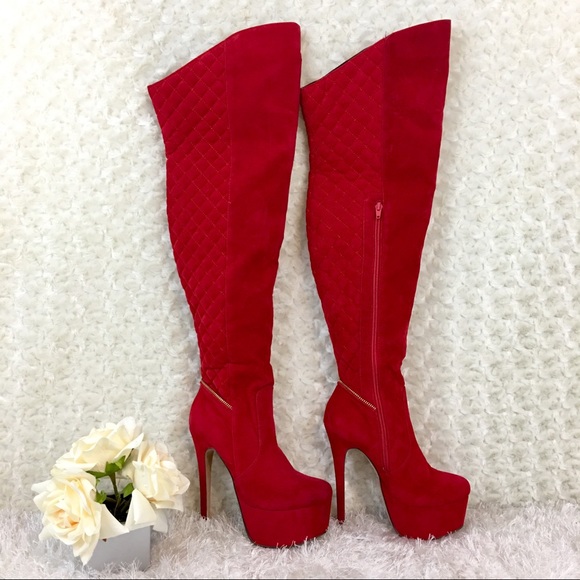 Shoes - Women’s Red Suede Over Knee Heeled Boots Size 6.5